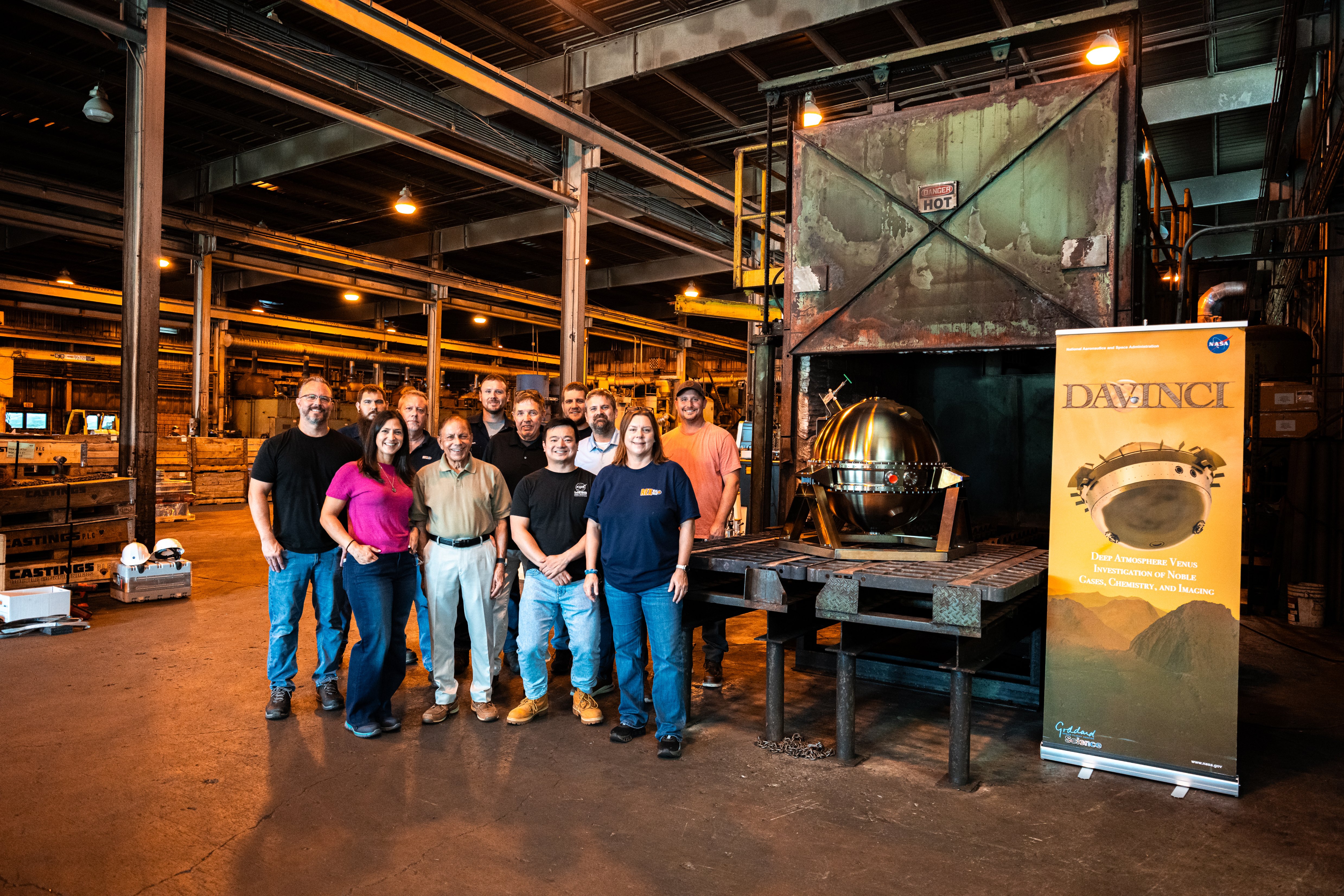 The Rex Heat Treat and NASA teams stand together next to the DAVINCI as it preps for heat testing.